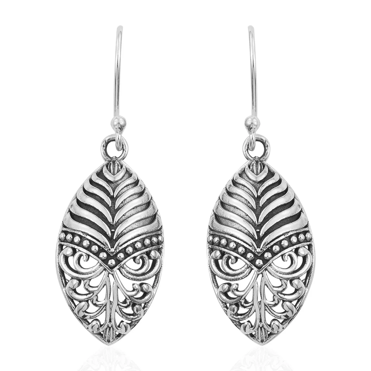 Artisan Crafted Sterling Silver Scroll Work Feather Shape Dangle Earrings (4.27 g)