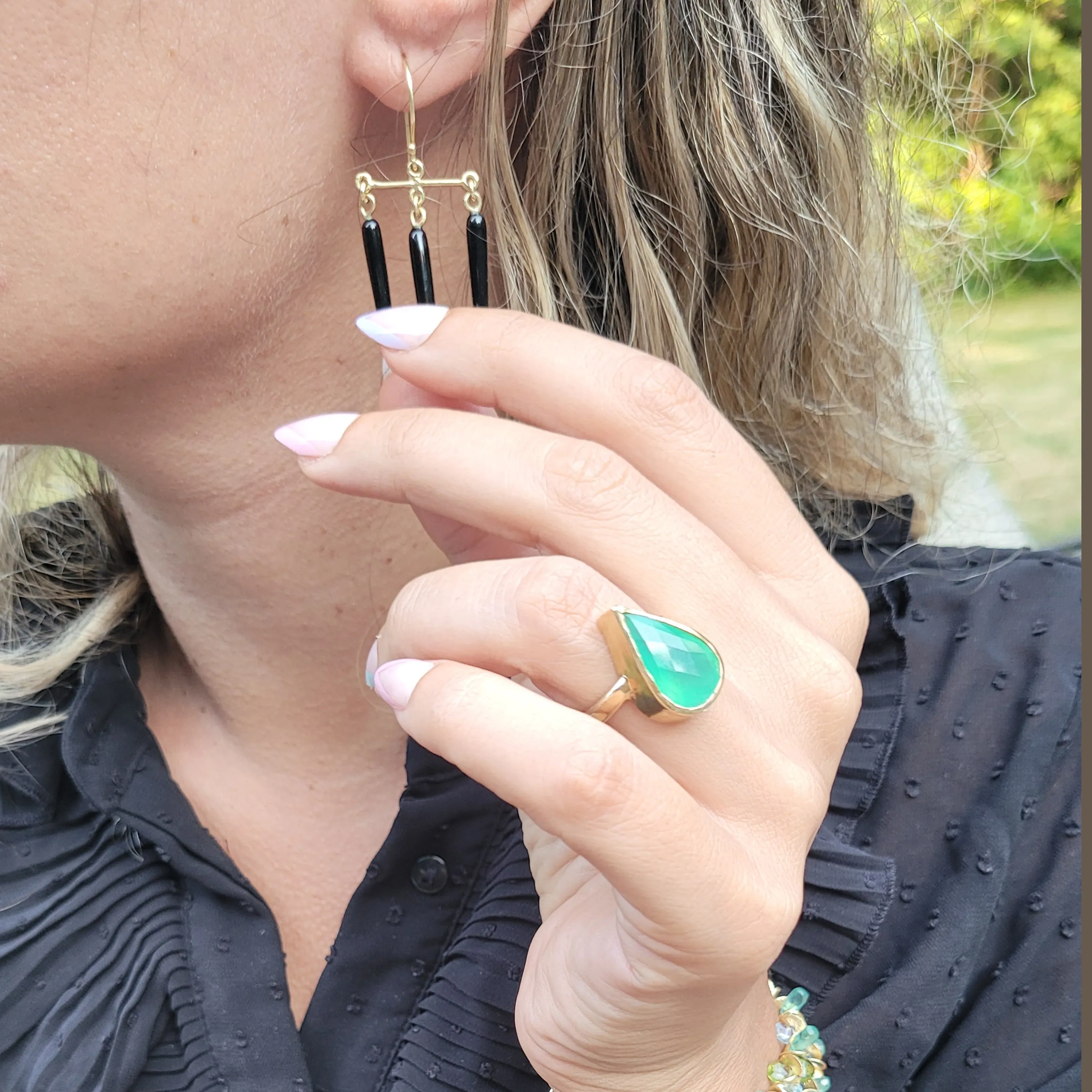 Black Onyx Gold Chandelier Earrings