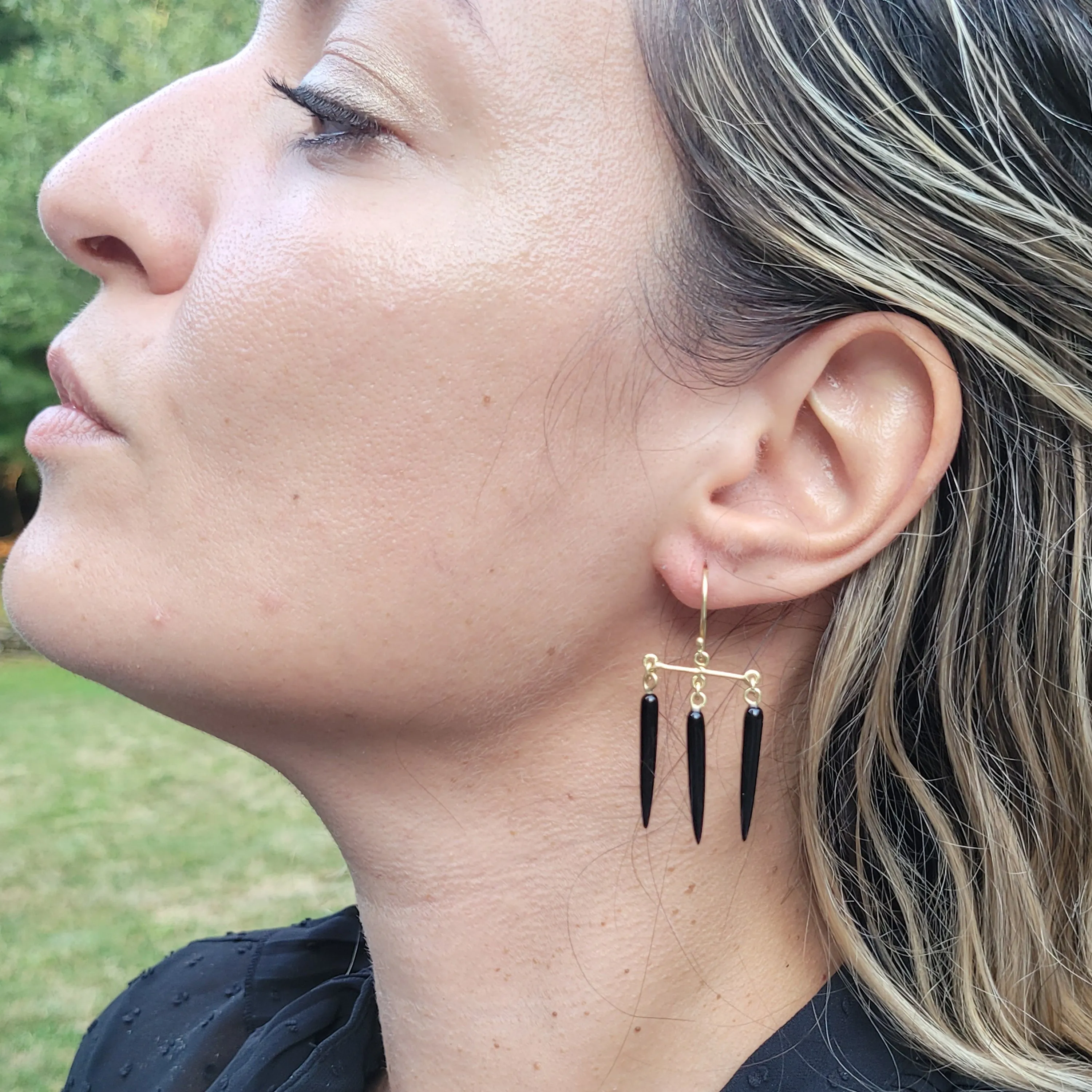 Black Onyx Gold Chandelier Earrings