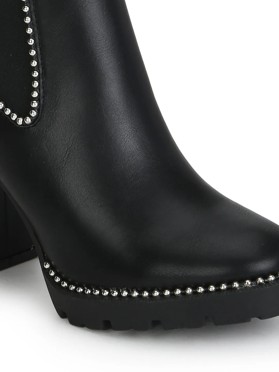 Black PU Studded Cleated Platform Block Heel Ankle Length Boots