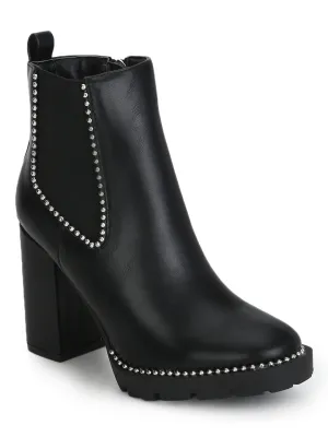 Black PU Studded Cleated Platform Block Heel Ankle Length Boots