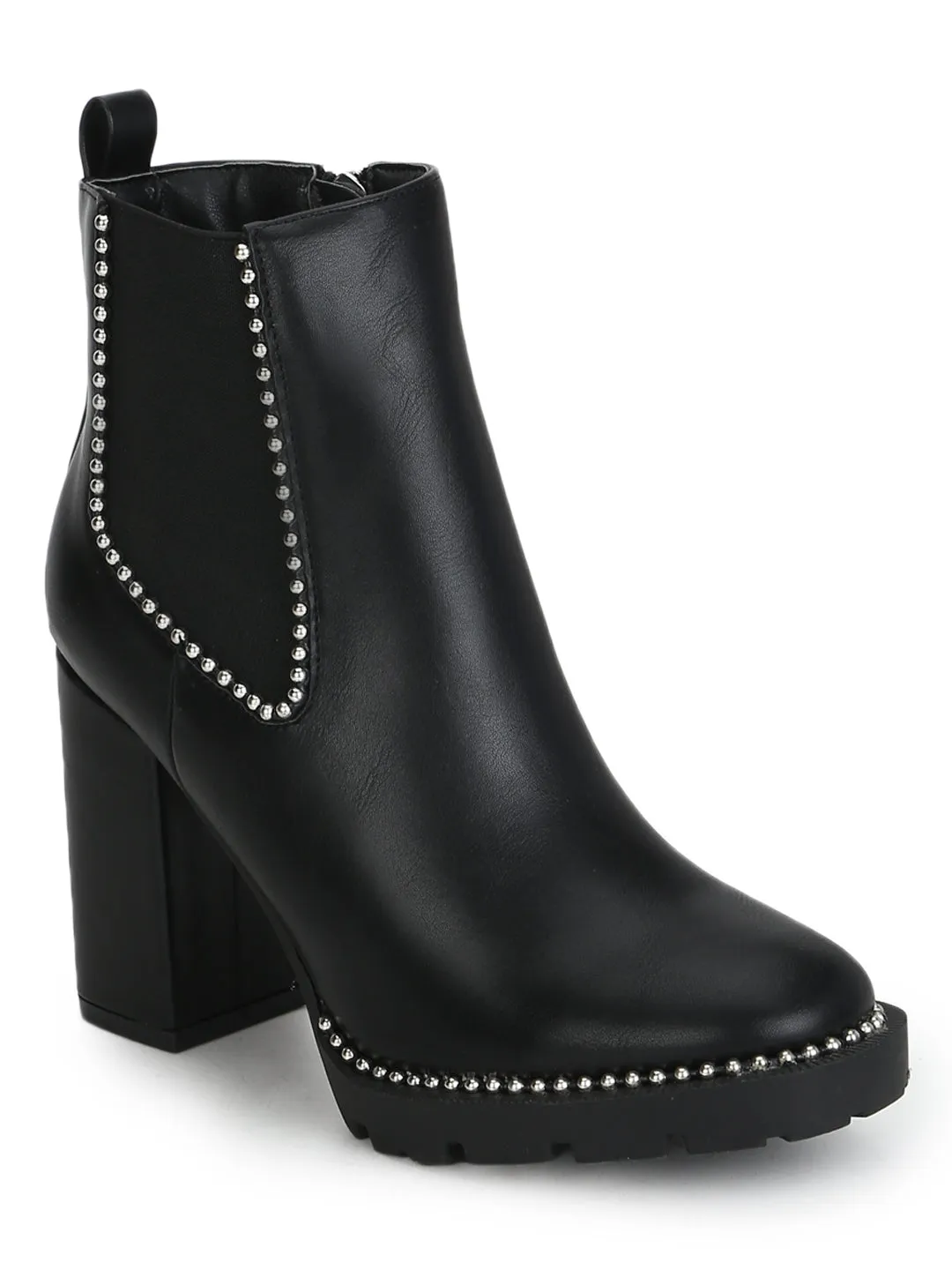 Black PU Studded Cleated Platform Block Heel Ankle Length Boots