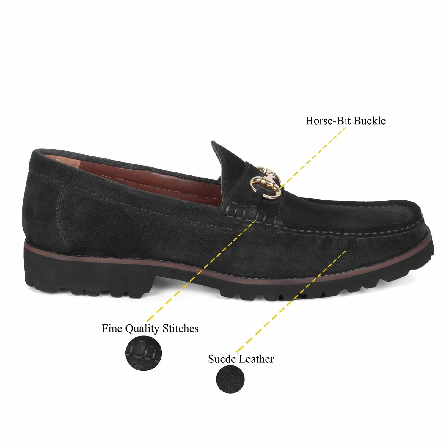 Black Suede Chunky Sole Leather Loafers With Horse-bit Buckle