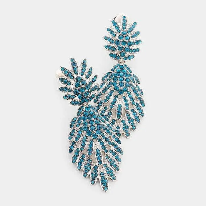 Blue Feather Pave Silver Clip on Earrings