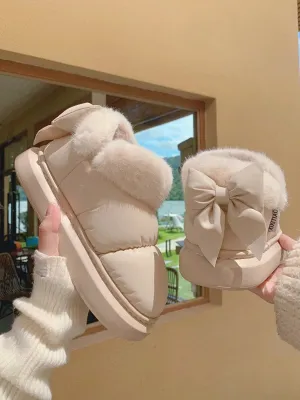 Bow Knot Short Ankle Snow Boots Women Winter Plush Waterproof PU Cotton Household Shoes Home Slipper Women