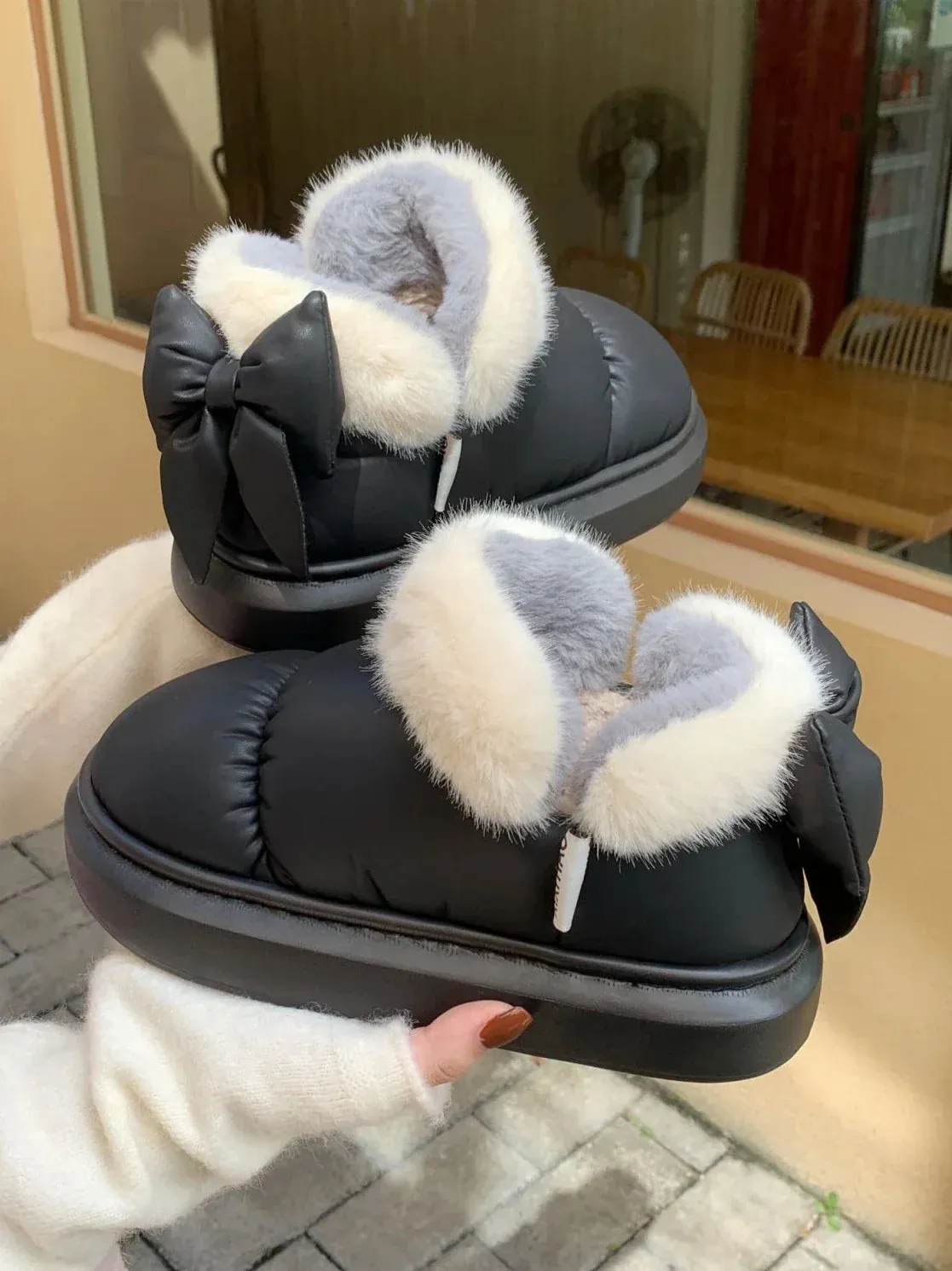 Bow Knot Short Ankle Snow Boots Women Winter Plush Waterproof PU Cotton Household Shoes Home Slipper Women