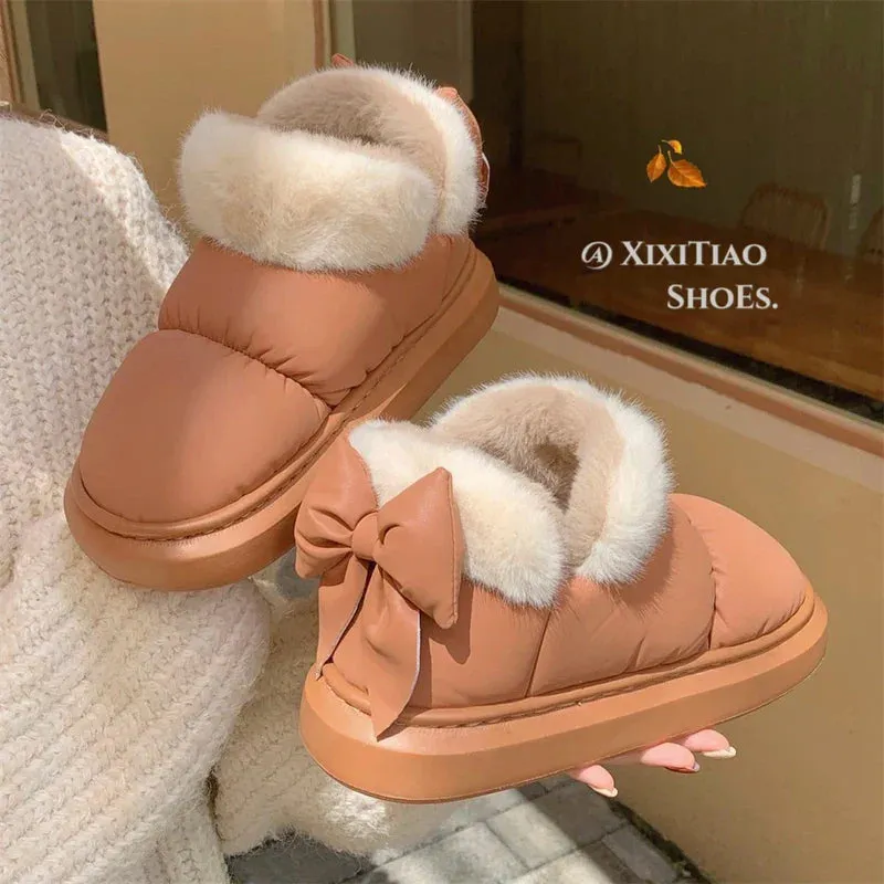 Bow Knot Short Ankle Snow Boots Women Winter Plush Waterproof PU Cotton Household Shoes Home Slipper Women