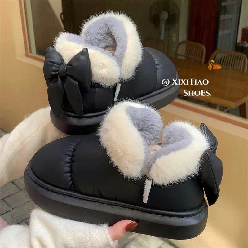 Bow Knot Short Ankle Snow Boots Women Winter Plush Waterproof PU Cotton Household Shoes Home Slipper Women