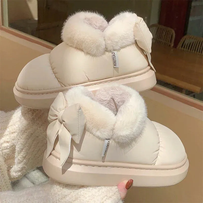 Bow Knot Short Ankle Snow Boots Women Winter Plush Waterproof PU Cotton Household Shoes Home Slipper Women