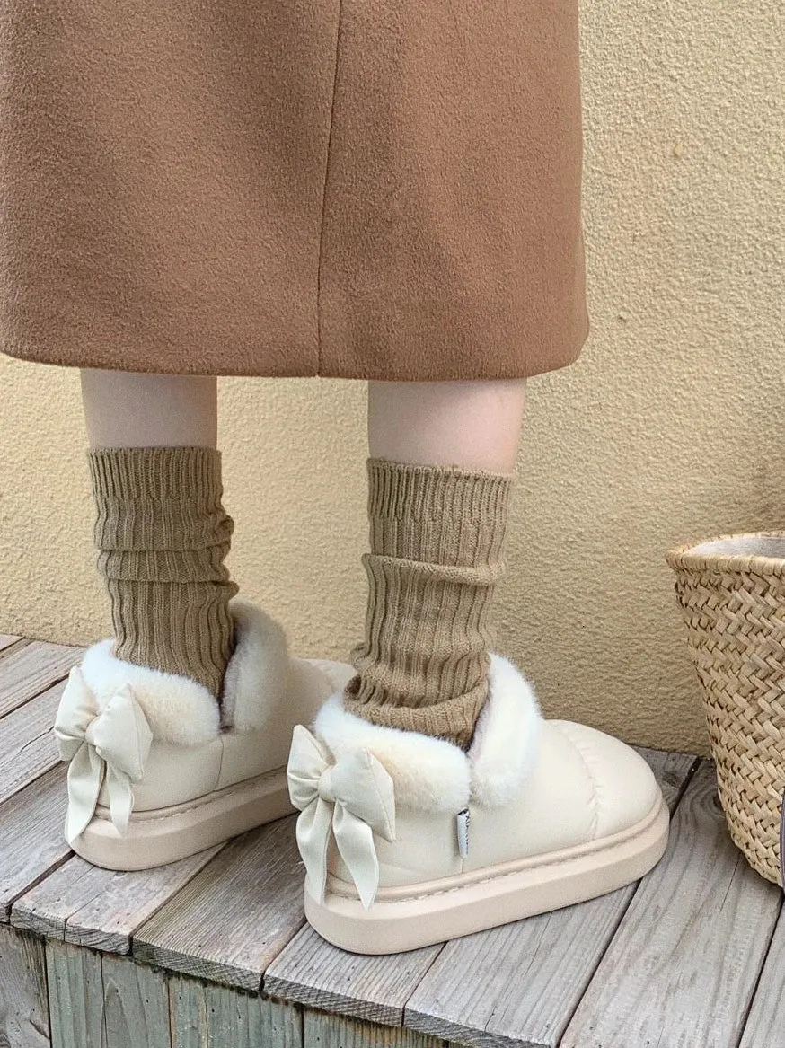 Bow Knot Short Ankle Snow Boots Women Winter Plush Waterproof PU Cotton Household Shoes Home Slipper Women