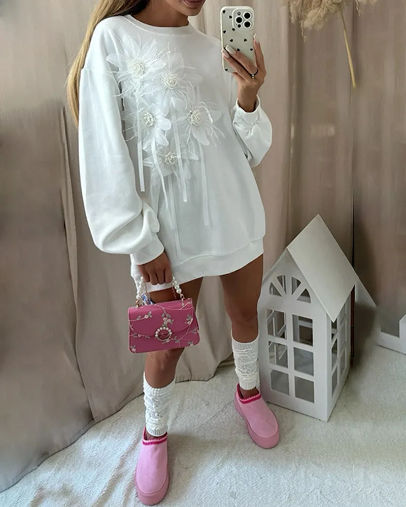Chic Oversized Sweatshirt Dress with 3D Floral Appliqué Details