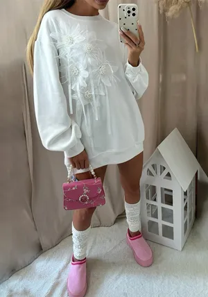 Chic Oversized Sweatshirt Dress with 3D Floral Appliqué Details