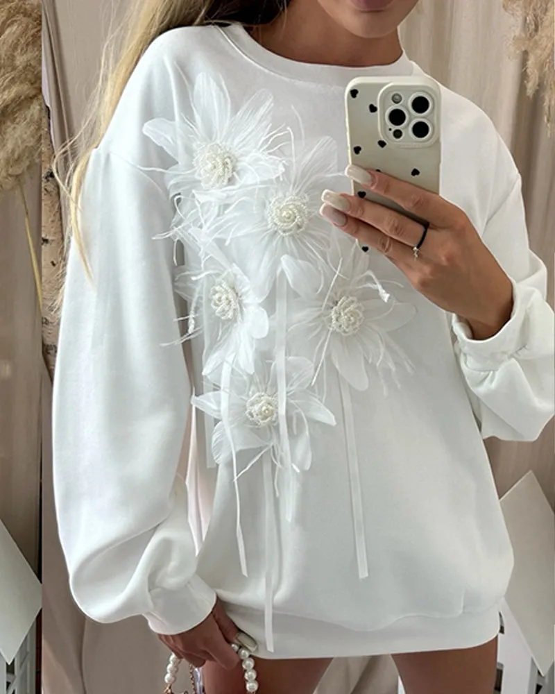 Chic Oversized Sweatshirt Dress with 3D Floral Appliqué Details