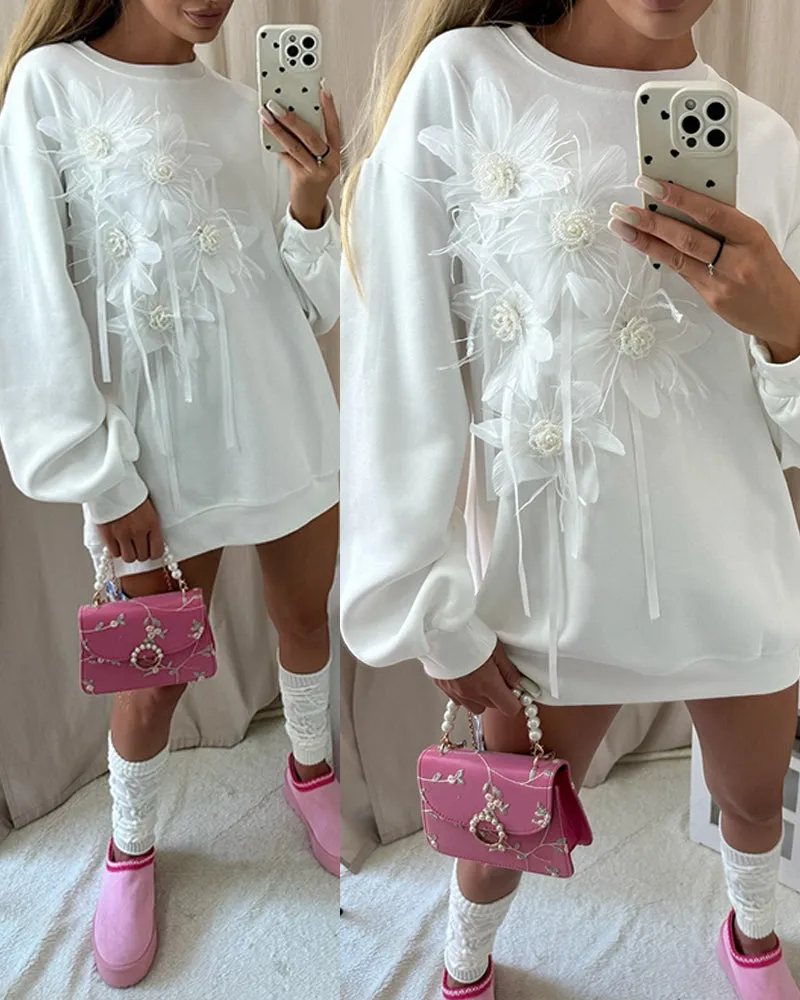 Chic Oversized Sweatshirt Dress with 3D Floral Appliqué Details