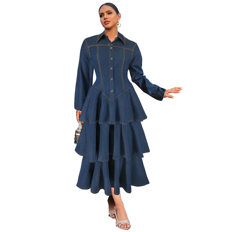 Chic Turndown Collar Long Sleeve Cascading Ruffle Denim Dress for Effortless Elegance