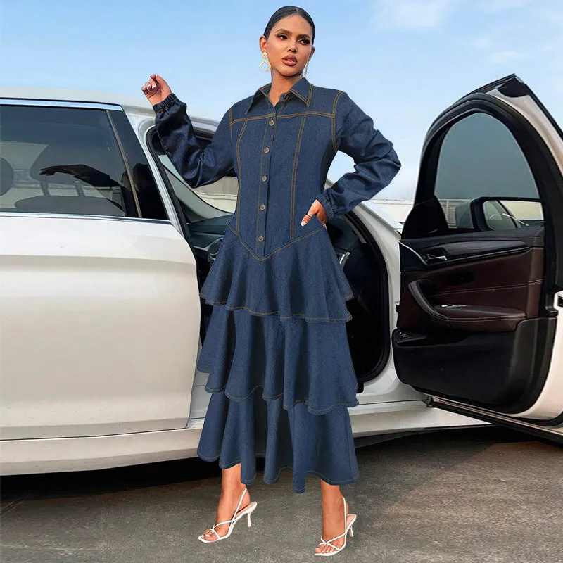 Chic Turndown Collar Long Sleeve Cascading Ruffle Denim Dress for Effortless Elegance