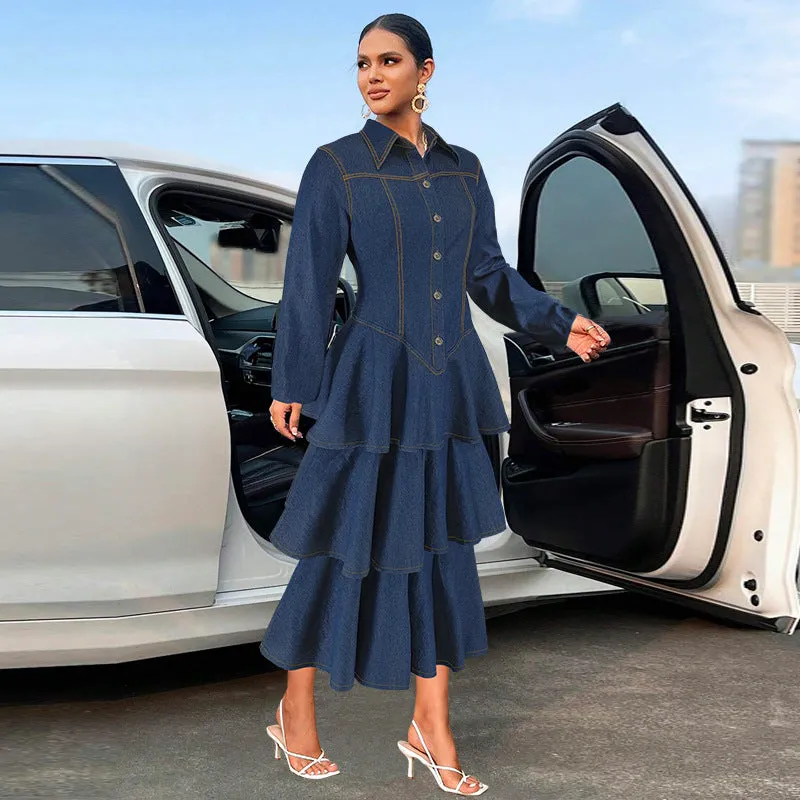 Chic Turndown Collar Long Sleeve Cascading Ruffle Denim Dress for Effortless Elegance
