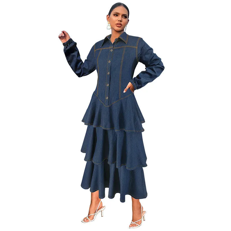 Chic Turndown Collar Long Sleeve Cascading Ruffle Denim Dress for Effortless Elegance