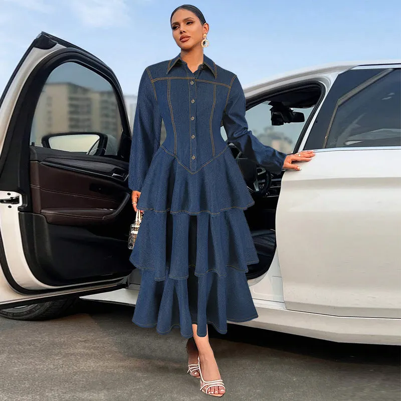 Chic Turndown Collar Long Sleeve Cascading Ruffle Denim Dress for Effortless Elegance