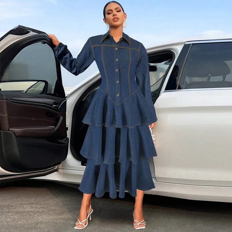 Chic Turndown Collar Long Sleeve Cascading Ruffle Denim Dress for Effortless Elegance