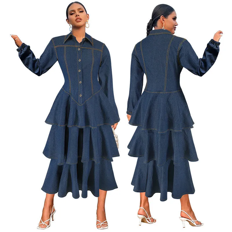 Chic Turndown Collar Long Sleeve Cascading Ruffle Denim Dress for Effortless Elegance