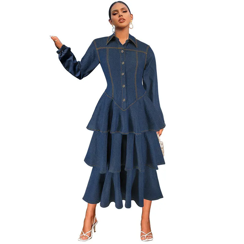 Chic Turndown Collar Long Sleeve Cascading Ruffle Denim Dress for Effortless Elegance