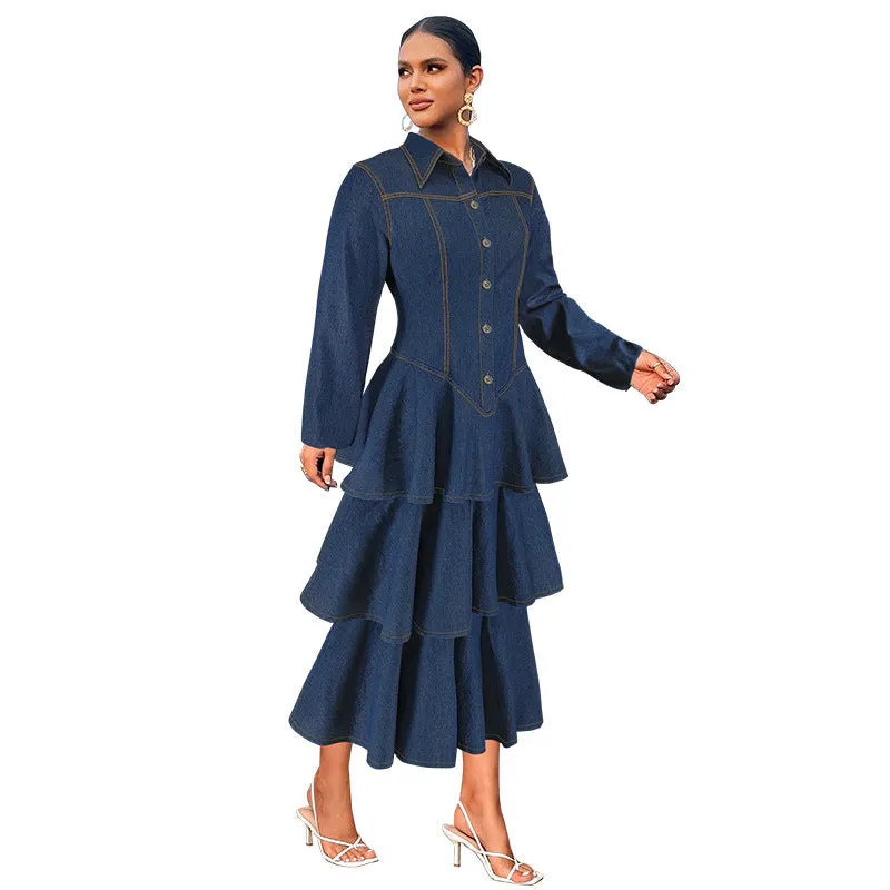 Chic Turndown Collar Long Sleeve Cascading Ruffle Denim Dress for Effortless Elegance