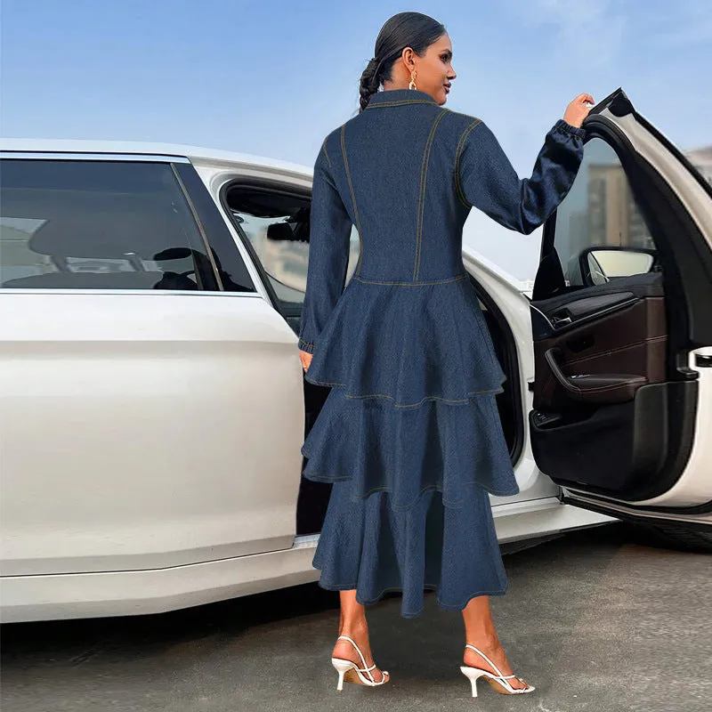 Chic Turndown Collar Long Sleeve Cascading Ruffle Denim Dress for Effortless Elegance