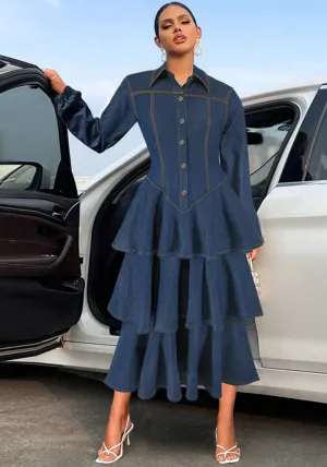 Chic Turndown Collar Long Sleeve Cascading Ruffle Denim Dress for Effortless Elegance