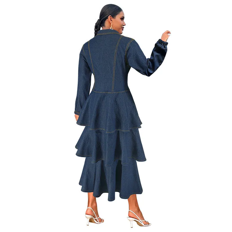 Chic Turndown Collar Long Sleeve Cascading Ruffle Denim Dress for Effortless Elegance