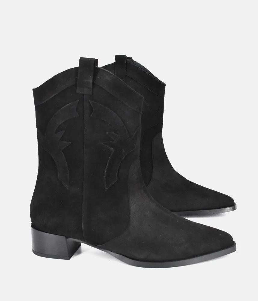 Dansi Trendy Black Suede Cowboy Ankle Boots