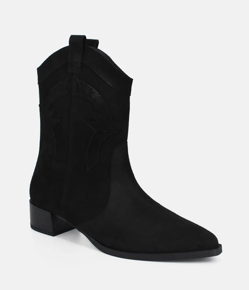 Dansi Trendy Black Suede Cowboy Ankle Boots