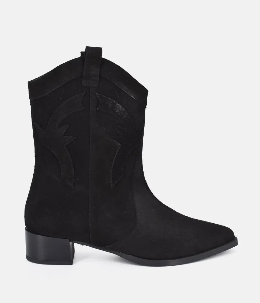 Dansi Trendy Black Suede Cowboy Ankle Boots