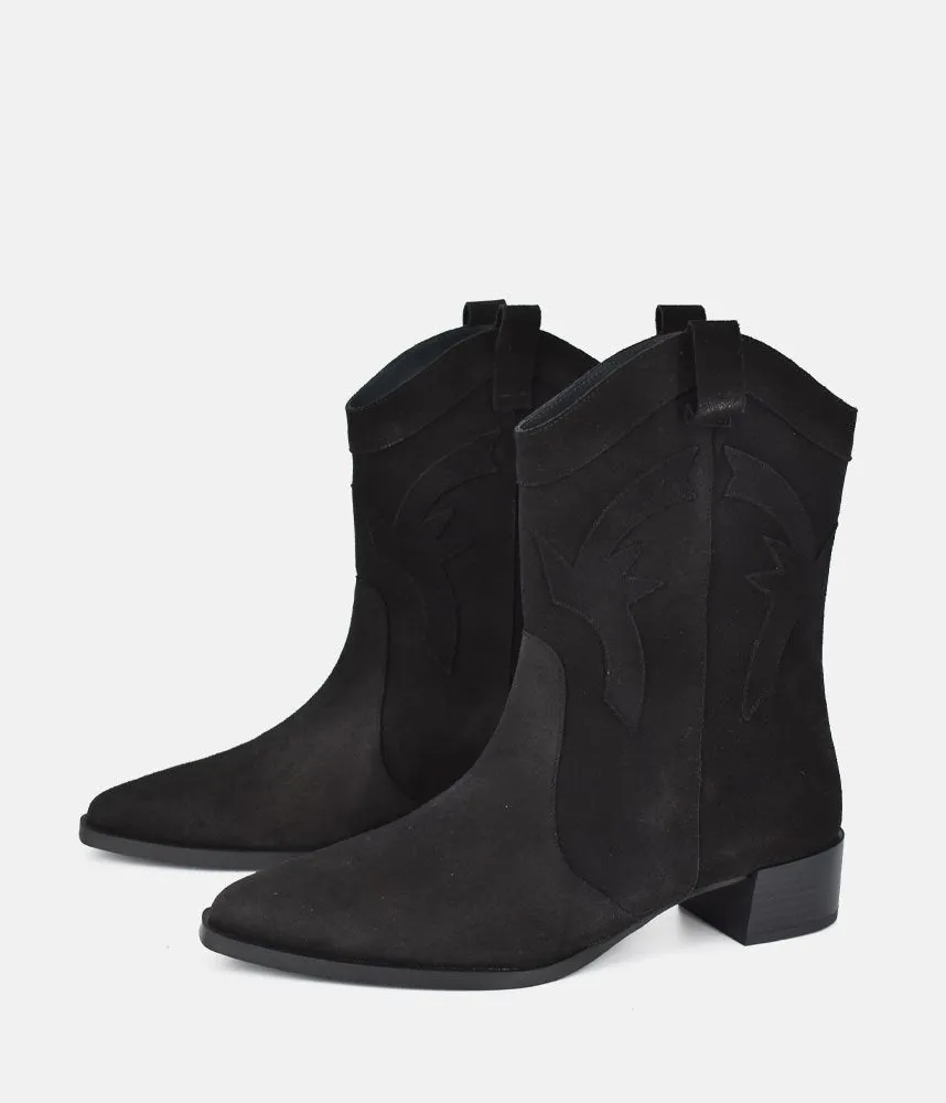 Dansi Trendy Black Suede Cowboy Ankle Boots