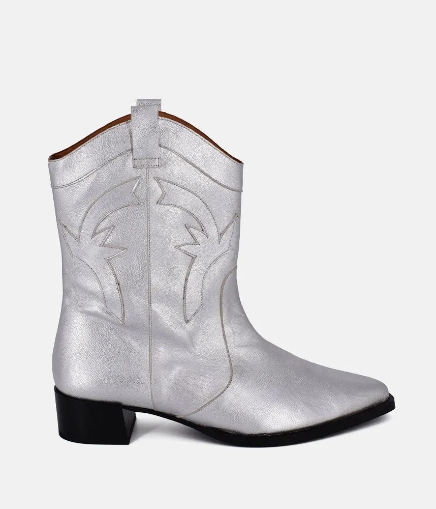Dansi Trendy Metallic Silver Cowboy Ankle Boots