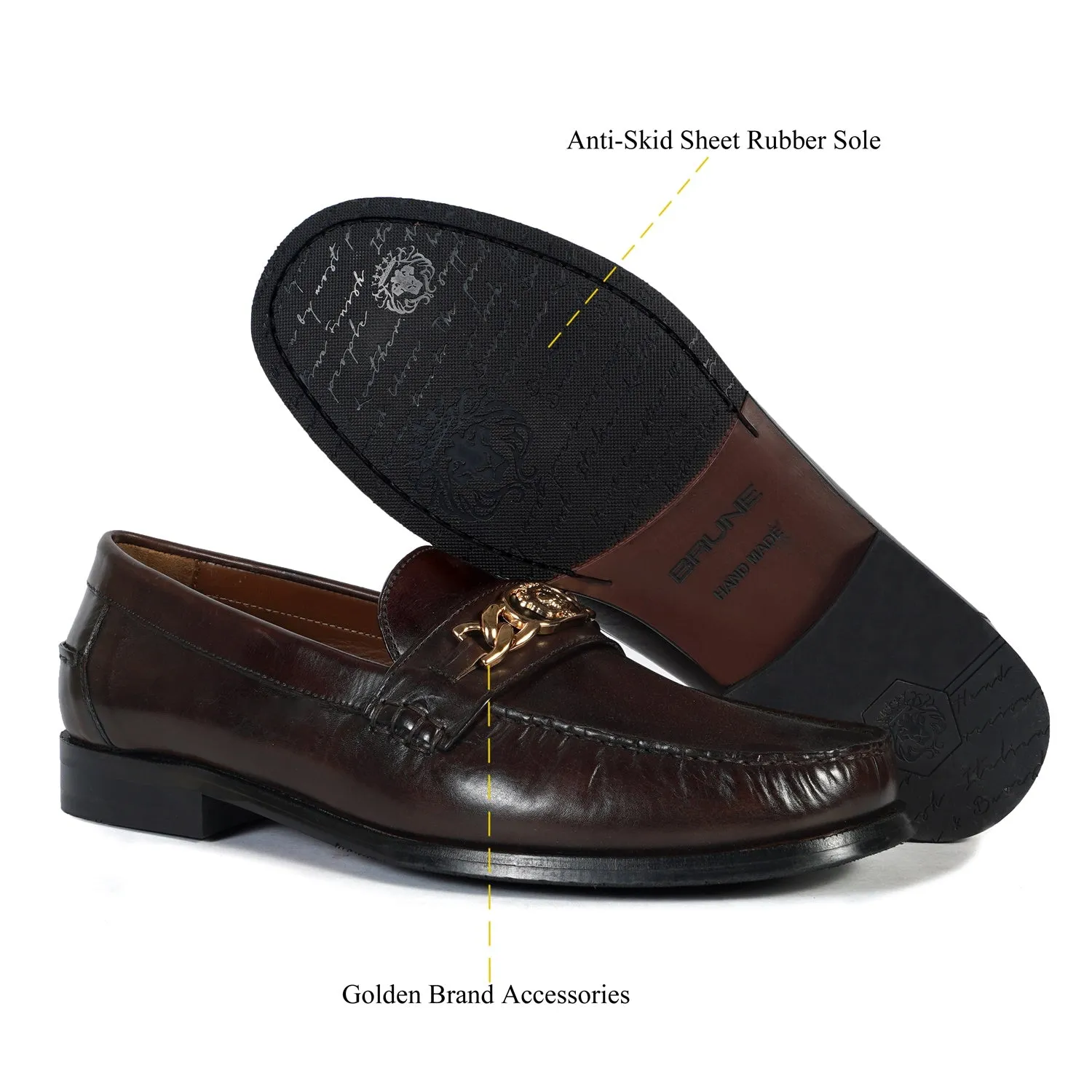 Dark Brown Moccasin Loafer with Chain Embellishment Trademark Lion Logo