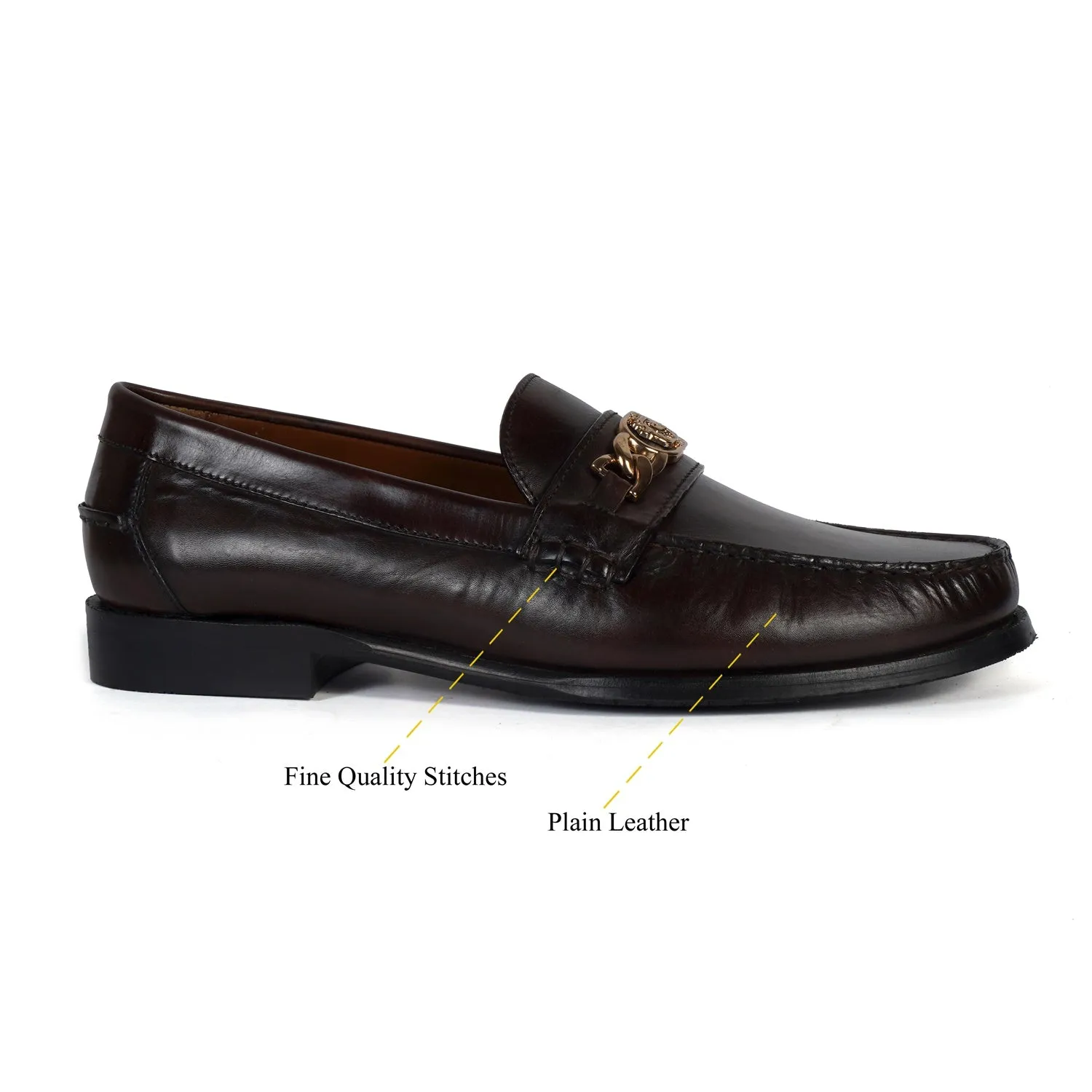 Dark Brown Moccasin Loafer with Chain Embellishment Trademark Lion Logo