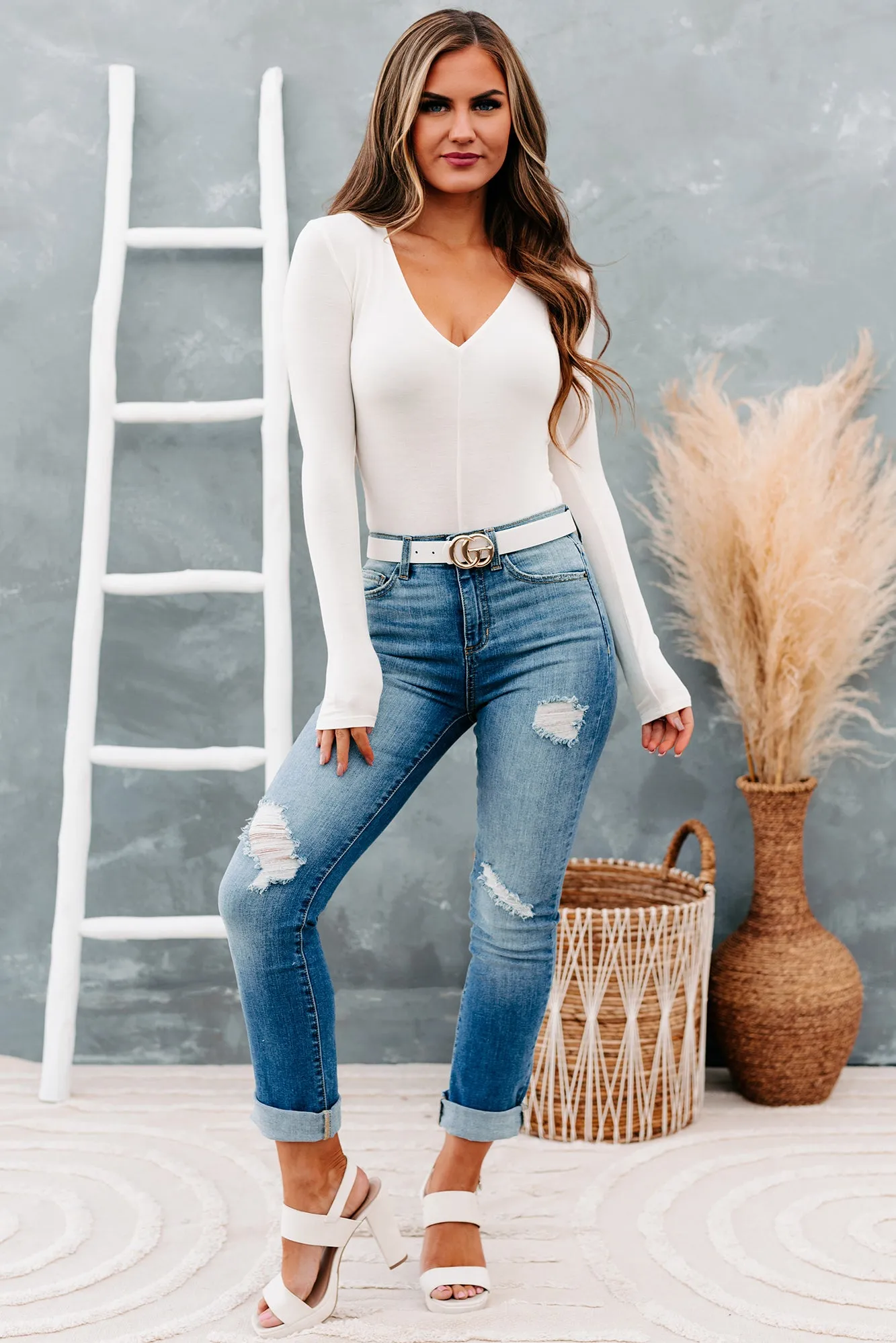 Devin High Rise Straight Leg Sneak Peek Jeans (Medium Light)