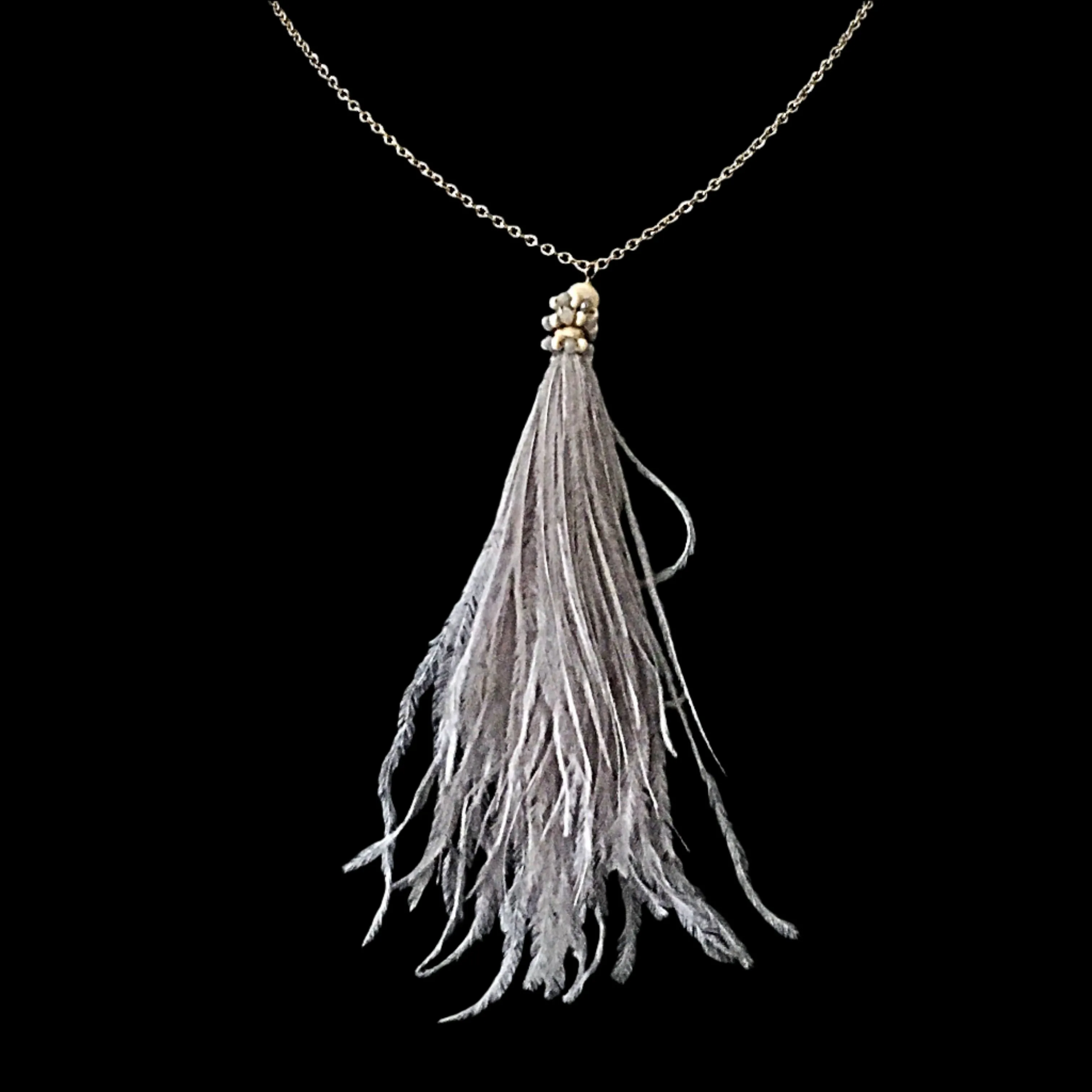 Gold Tone Feather Pendant Necklace- Gray