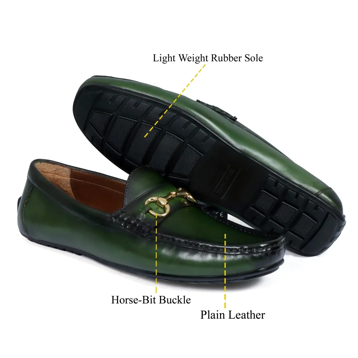 Horsebit Driving Loafers Shoe in Green Leather