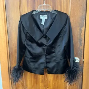 Jessica Howard Black Satin Jacket with Feather Cuffs (6P) pristine NWOT