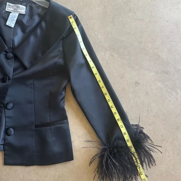 Jessica Howard Black Satin Jacket with Feather Cuffs (6P) pristine NWOT