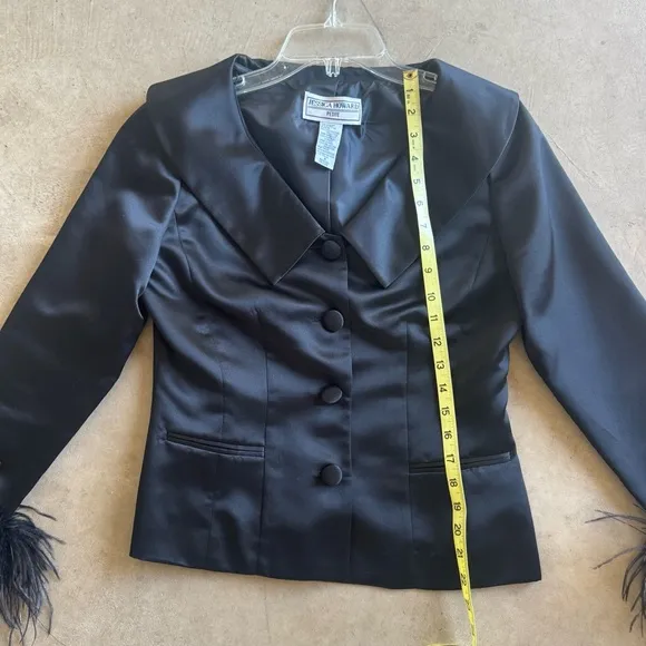 Jessica Howard Black Satin Jacket with Feather Cuffs (6P) pristine NWOT