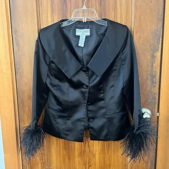Jessica Howard Black Satin Jacket with Feather Cuffs (6P) pristine NWOT