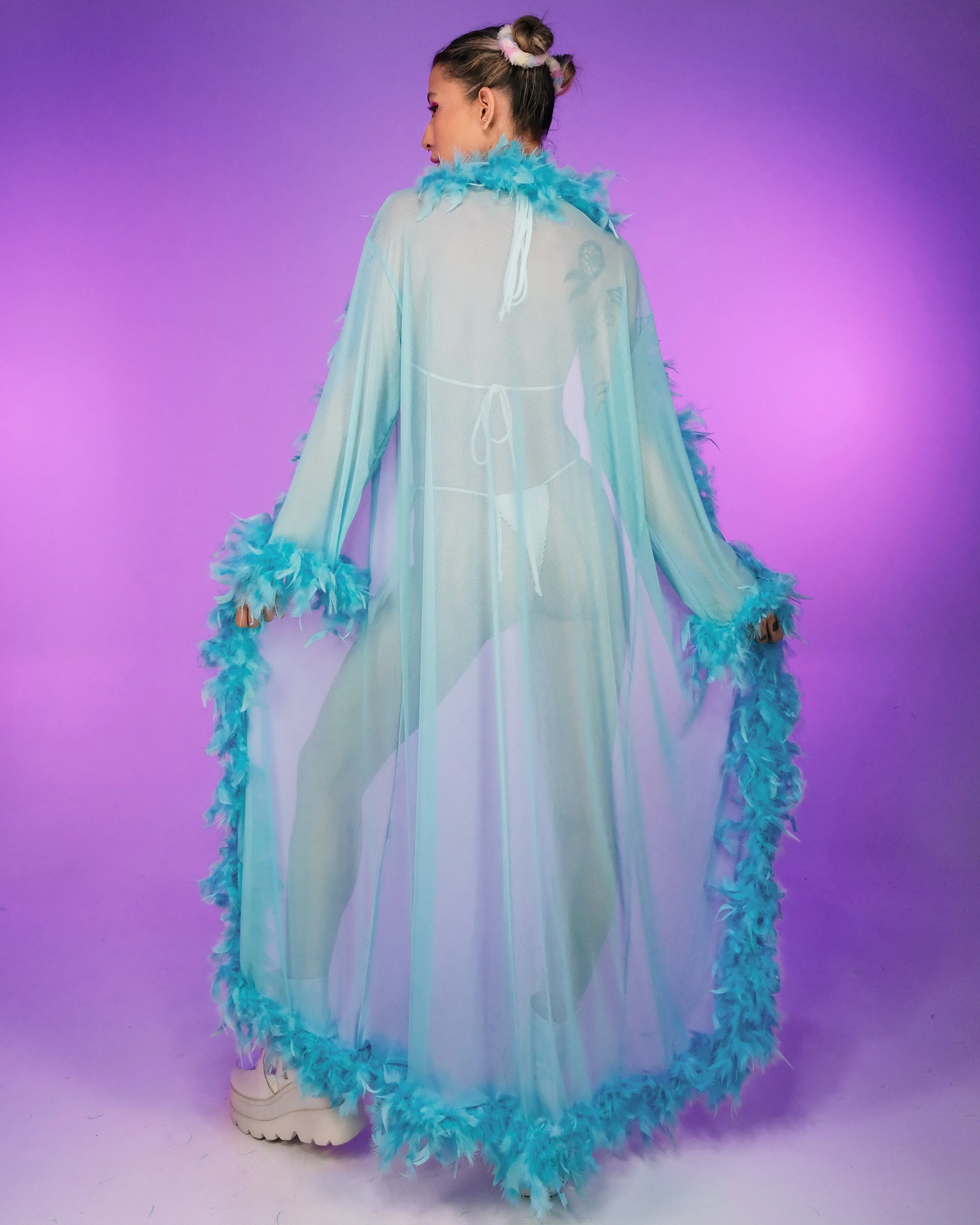 Lux Doll Sheer Long Robe With Boa Feather Trim