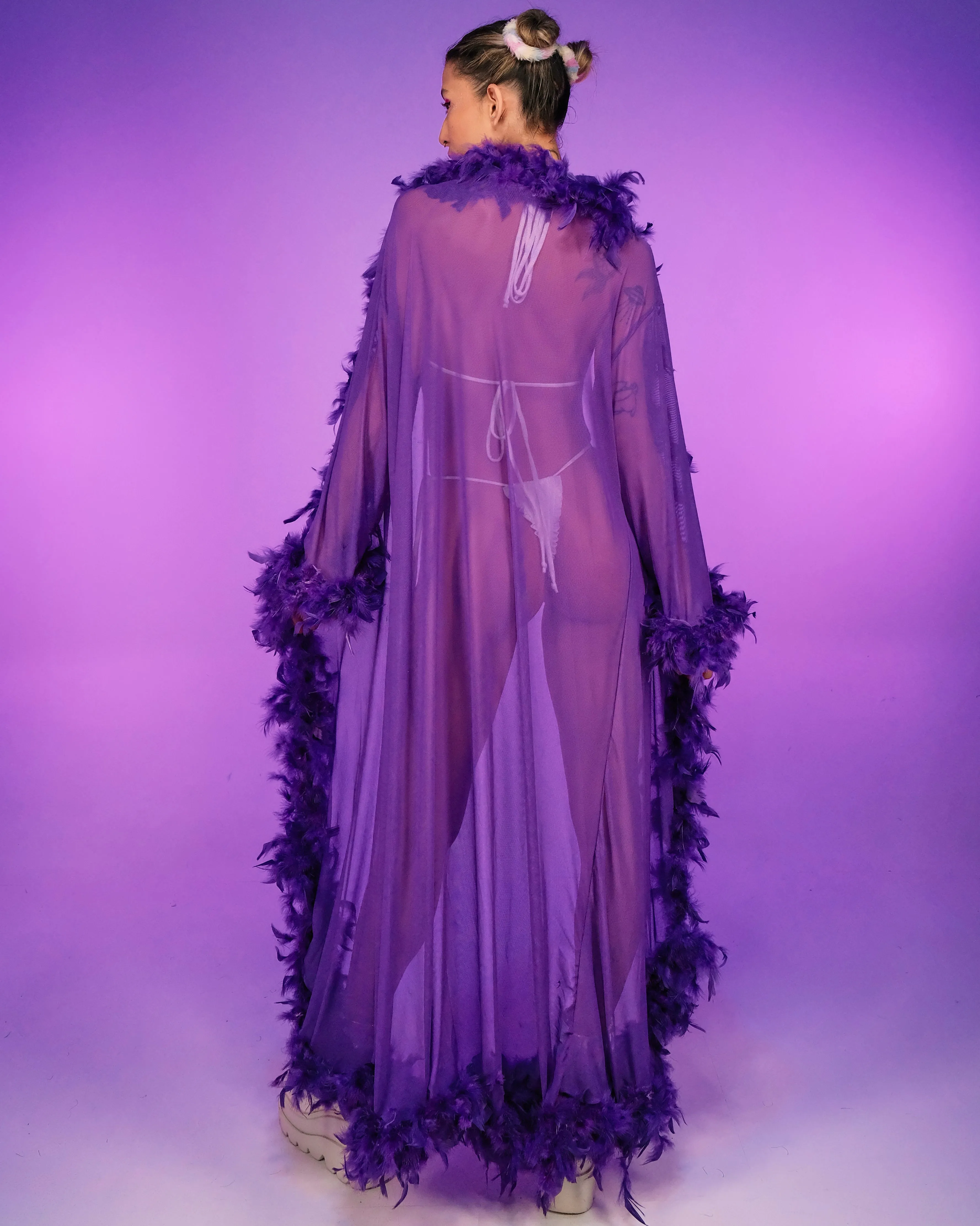 Lux Doll Sheer Long Robe With Boa Feather Trim