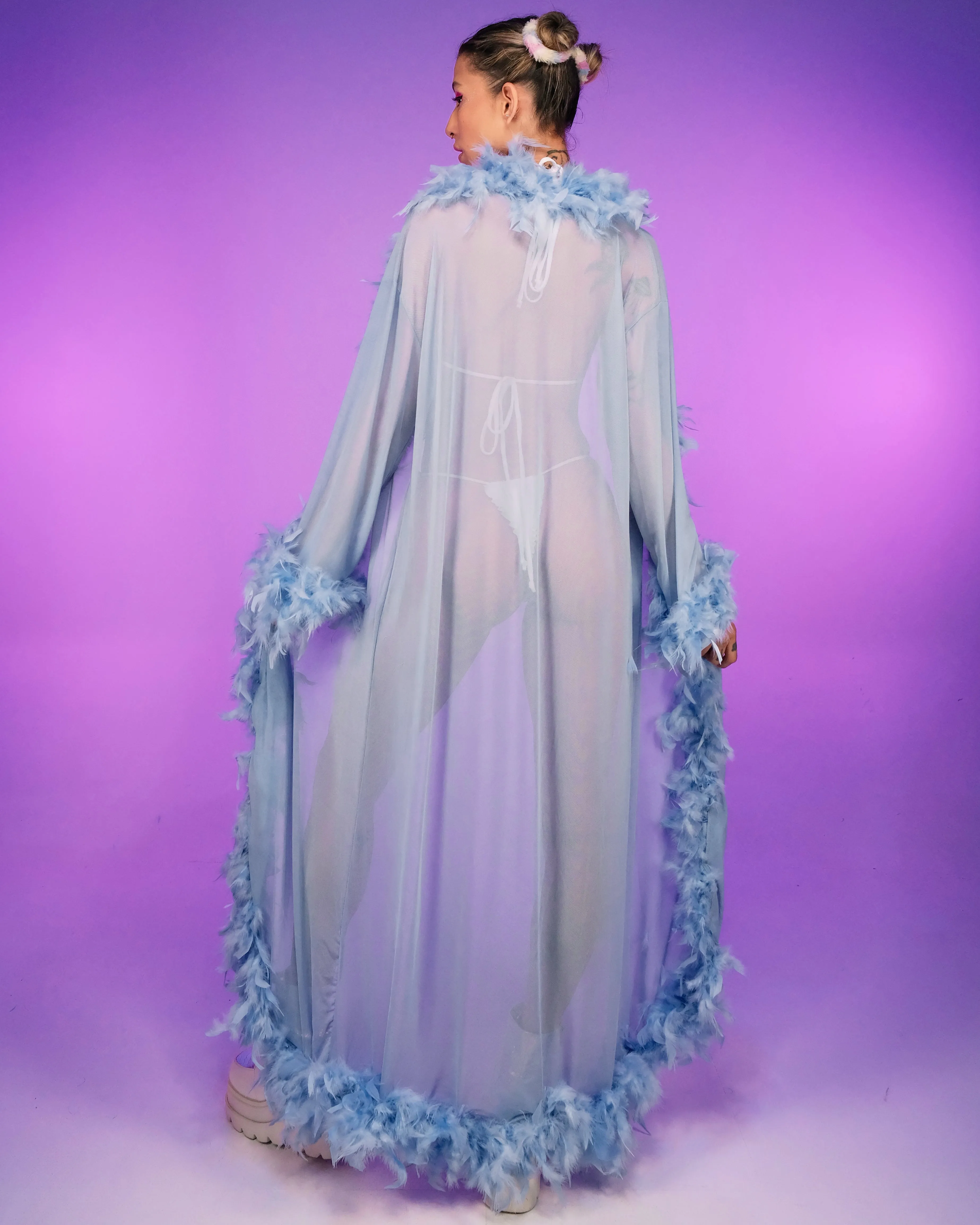 Lux Doll Sheer Long Robe With Boa Feather Trim