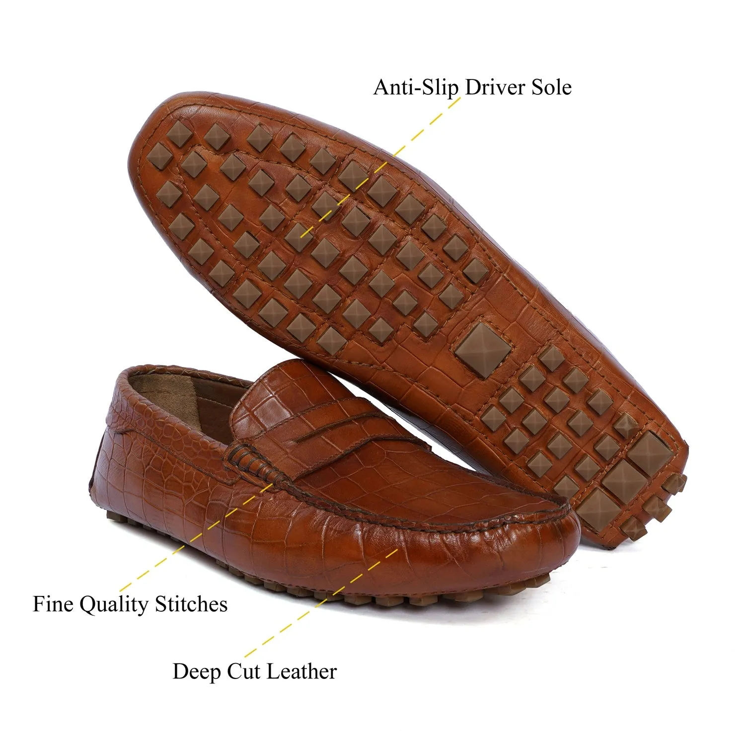 Nubs Driving Sole Tan Loafer in Deep Cut Croco Textured Leather