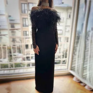 Off Shoulder Long Sleeve Feather Maxi Bandage Dress HL9503
