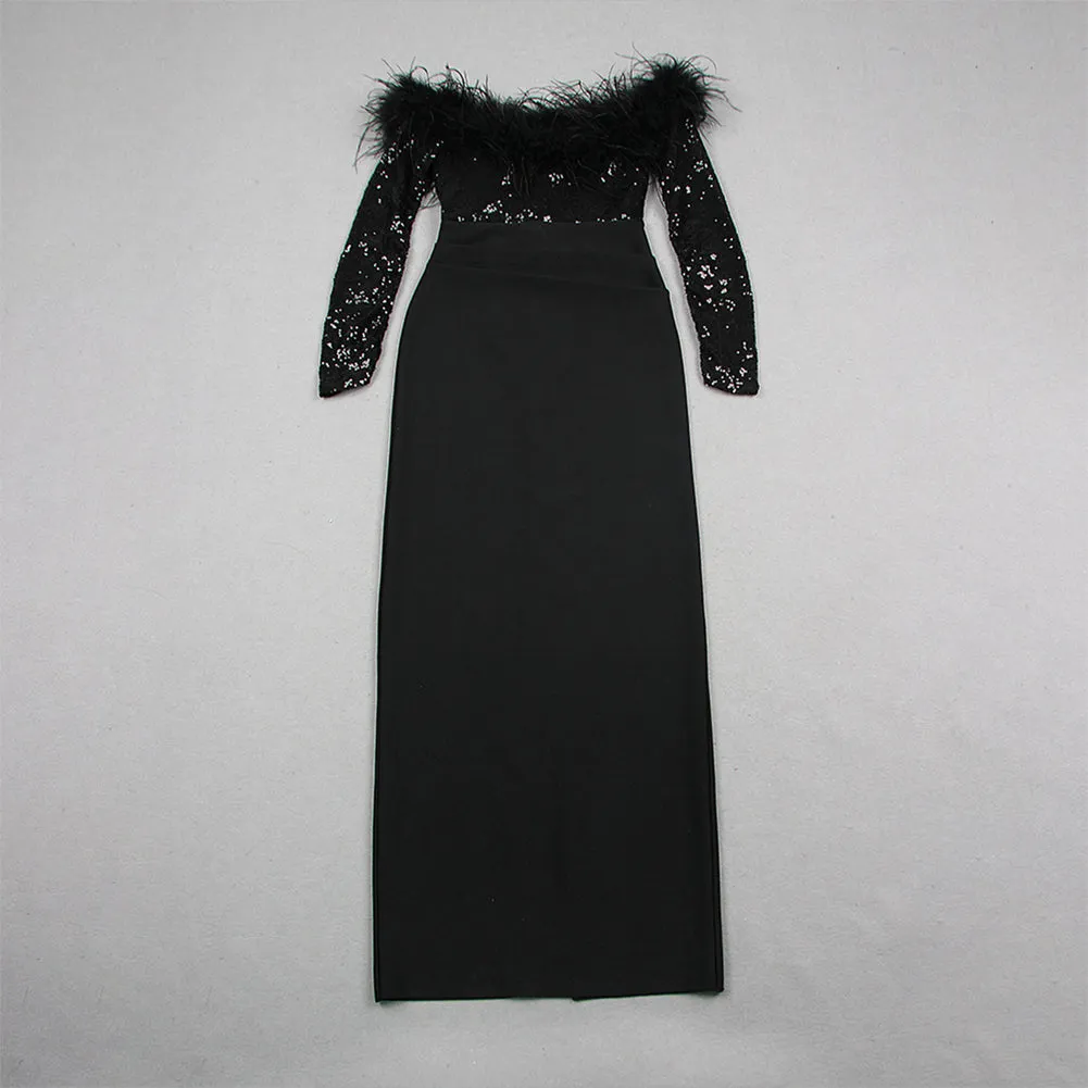 Off Shoulder Long Sleeve Feather Maxi Bandage Dress HL9503